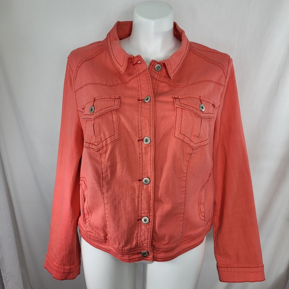 One World Coral Denim JACKET Womens Size 2X Long Sleeves Pockets Button Front